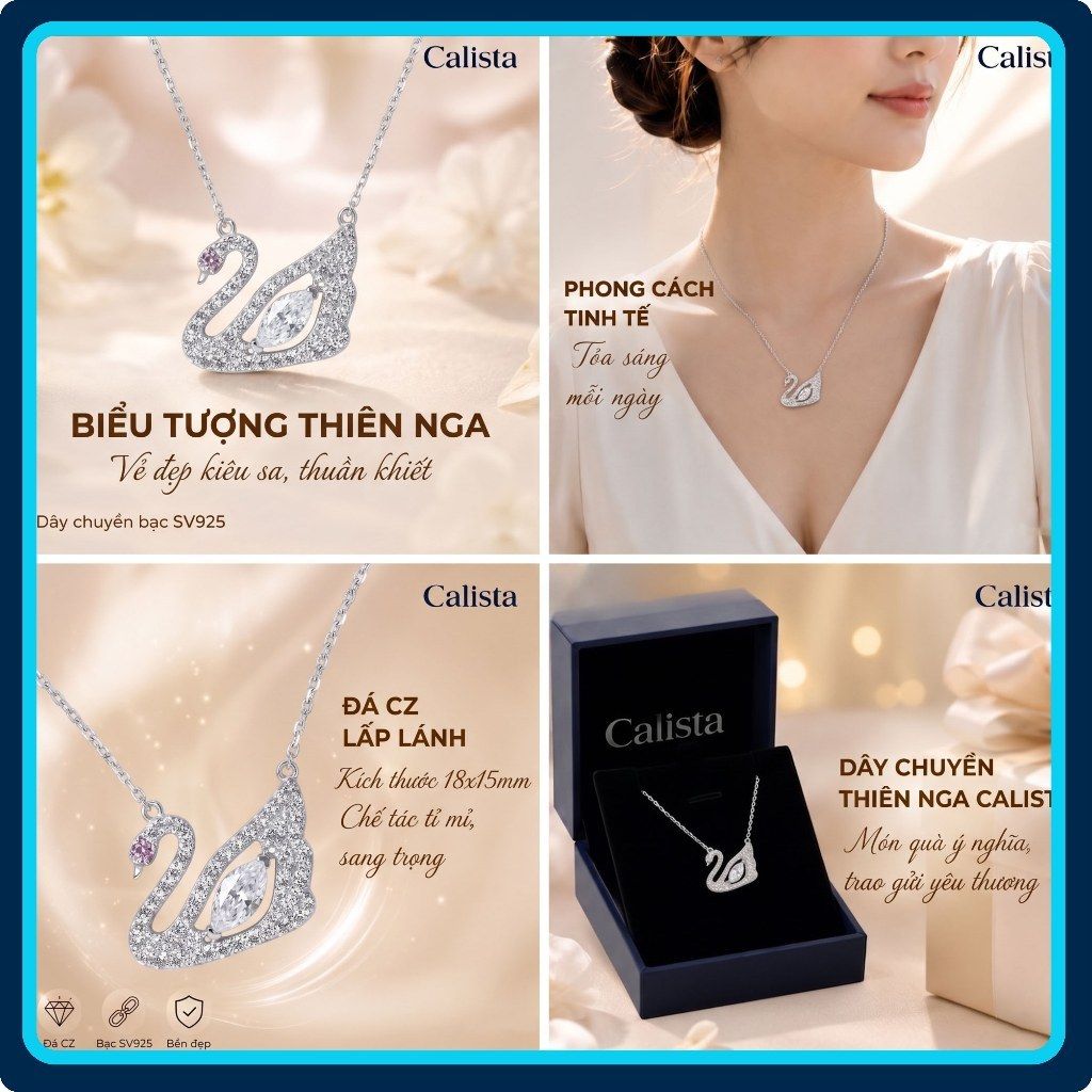  Dây Chuyền Bạc S925 Calista Mặt Hình Thiên Nga mạ Rhodium Đính Đá CZ Cao Cấp, 