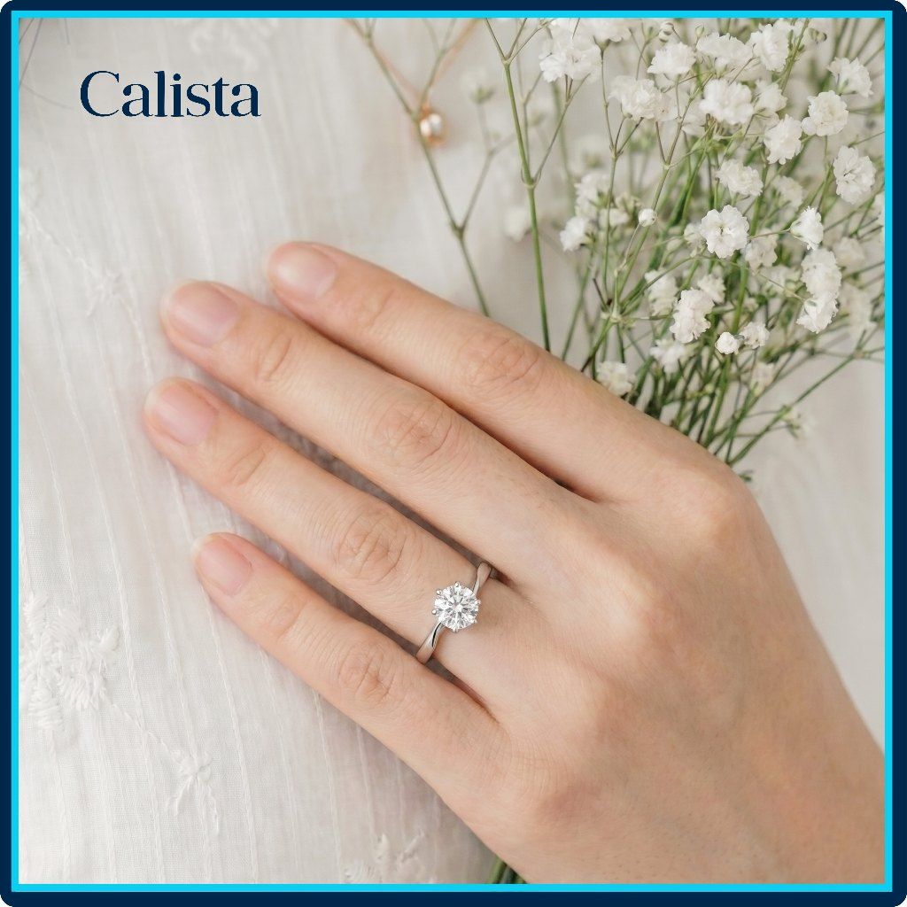  Nhẫn bạc nữ Calista ổ đá 6 chấu xoáy lệch tâm sang trọng 