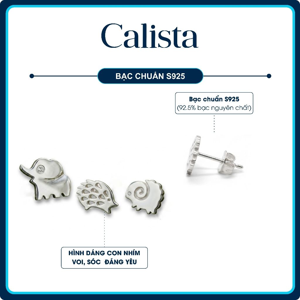  Khuyên tai nữ hình thú bạc S925 Mạ Rhodium Calista Đính Đá CZ lấp lánh cao cấp 