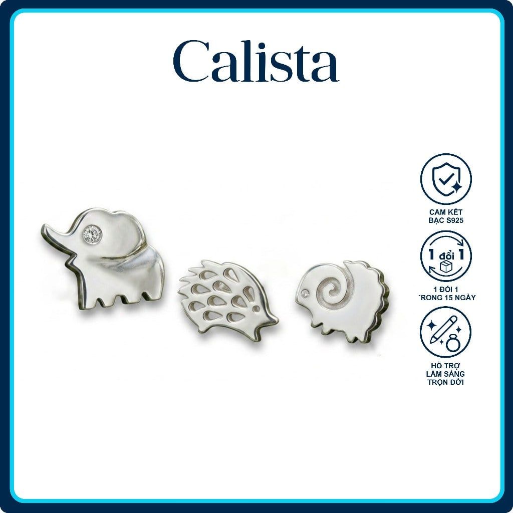  Khuyên tai nữ hình thú bạc S925 Mạ Rhodium Calista Đính Đá CZ lấp lánh cao cấp 