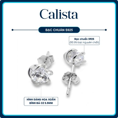 Khuyên tai nam nữ nụ đá CZ 5.5 ly kiểu bông hoa bạc S925 Calista lấp lánh cao cấp
