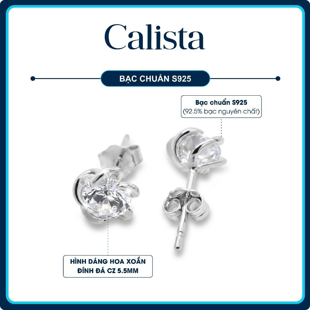  Khuyên tai nam nữ nụ đá CZ 5.5 ly kiểu bông hoa bạc S925 Calista lấp lánh cao cấp 