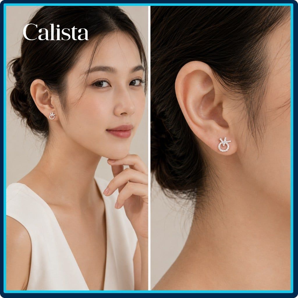  Khuyên tai nữ hình nơ đính đá CZ bạc S925 Calista lấp lánh cao cấp 