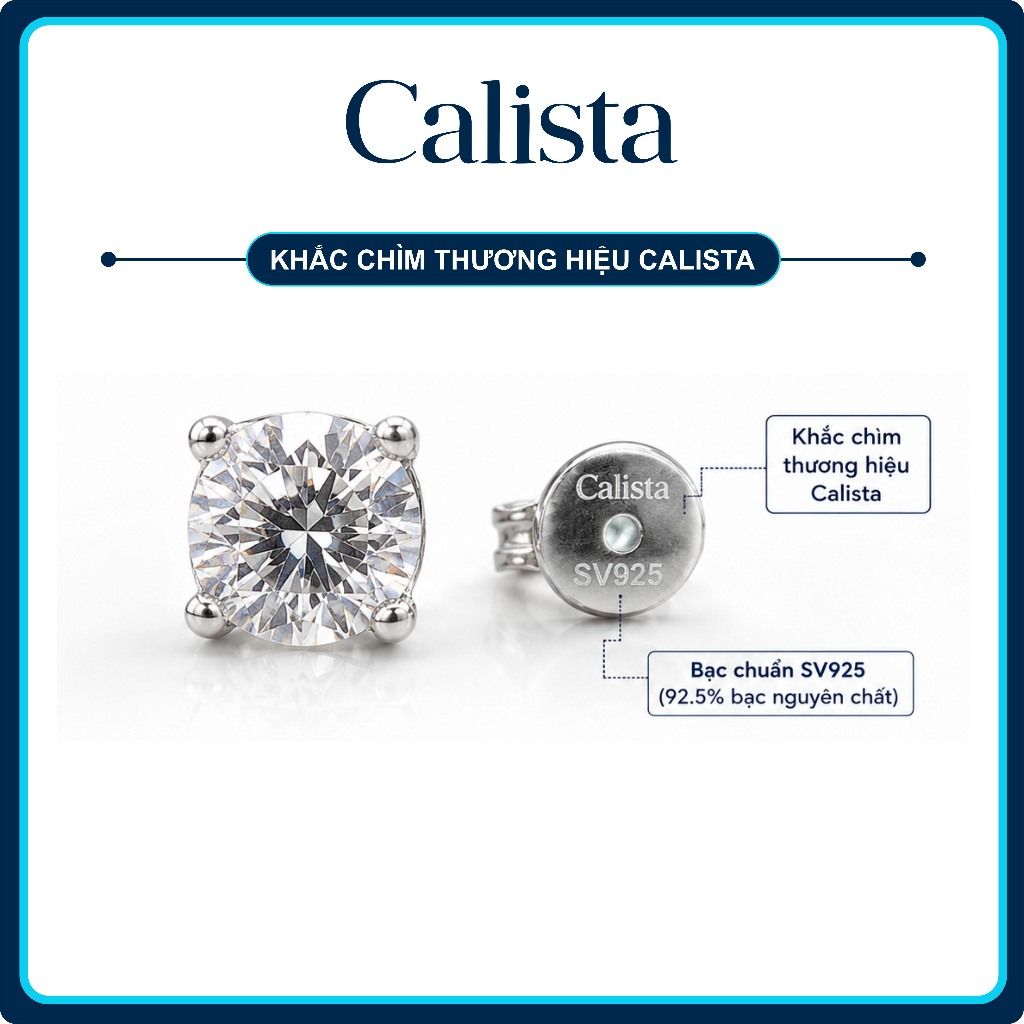  Khuyên tai nữ nụ đá bạc S925 Mạ Rhodium Calista Đính Đá CZ lấp lánh cao cấp 