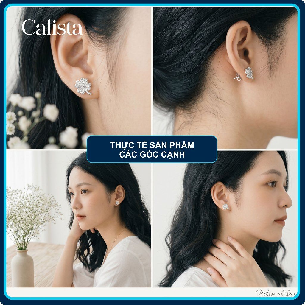  Khuyên tai nữ hình cỏ 4 lá bạc S925 Calista Đính Đá CZ lấp lánh cao cấp may mắn 