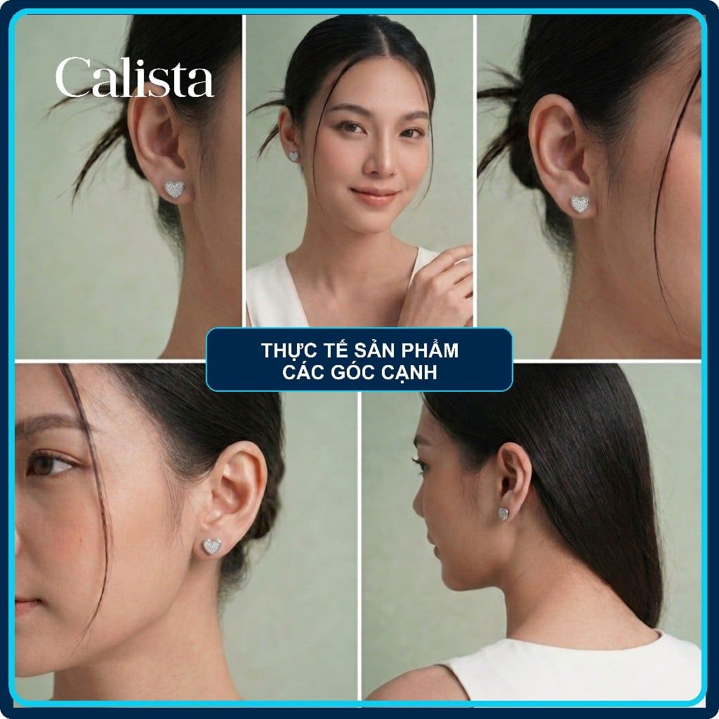  Khuyên tai nữ hình trái tim đính đá CZ bạc S925 Calista lấp lánh cao cấp 