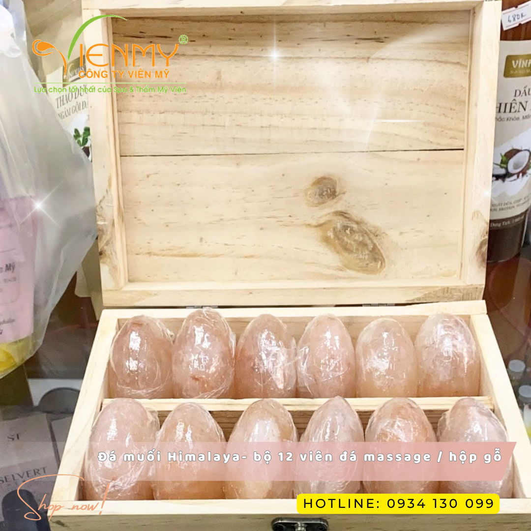  Đá muối Himalaya- bộ 12 viên đá massage / hộp gỗ 
