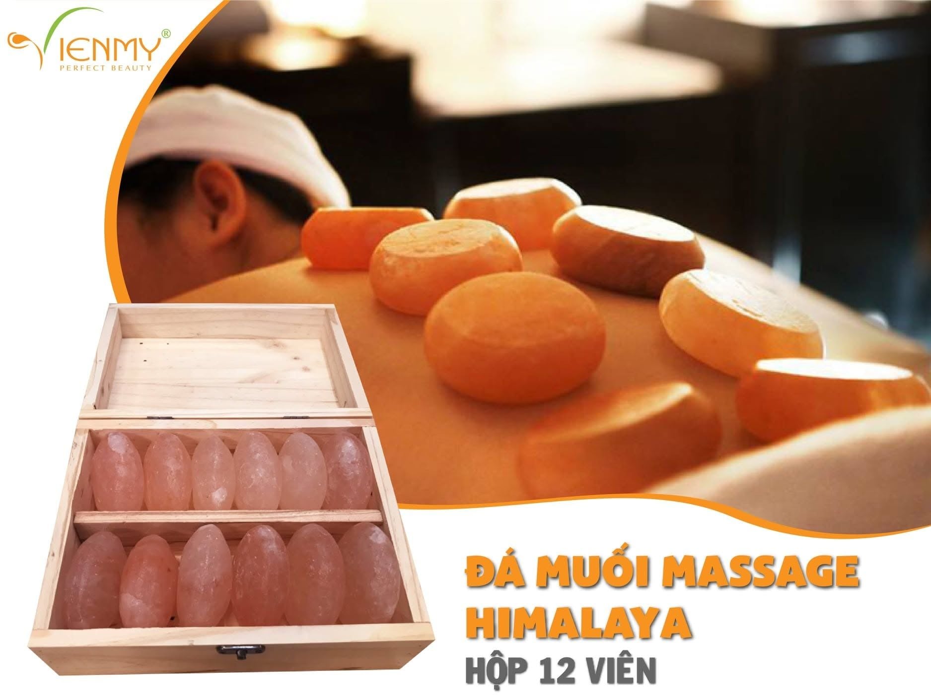  Đá muối Himalaya- bộ 12 viên đá massage / hộp gỗ 