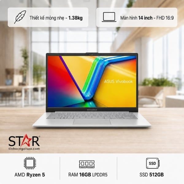  Laptop ASUS Vivobook Go 14 E1404FA-EB935W | R5-40, 16GB LPDDR5, SSD 512GB Nvme, 14" FHD IPS, Win 11, Bạc 