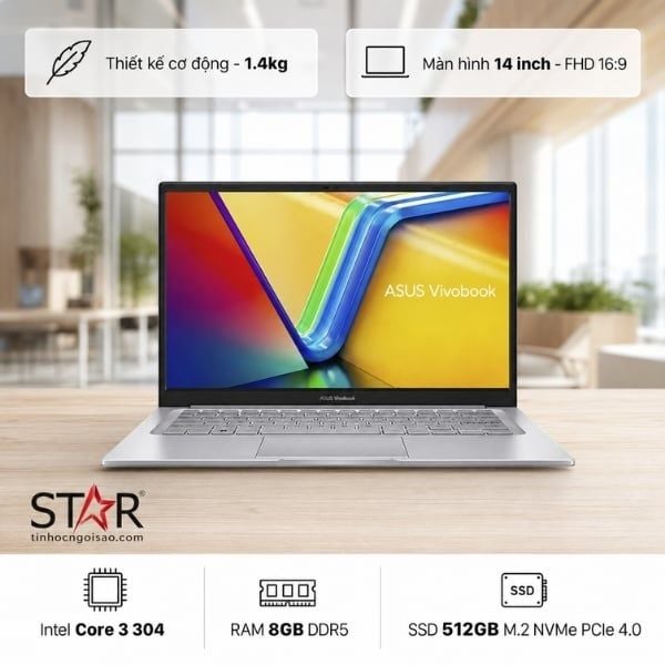  Laptop ASUS Vivobook 14 X1404MA-EB027W | Core 3 304, 8GB DDR5, SSD 512GB NVMe, 14" FHD IPS, Windows 11 Home, Bạc 