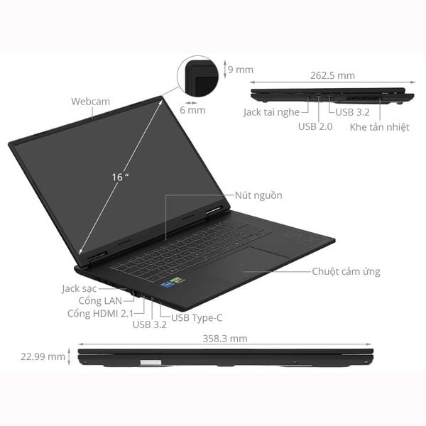  Laptop Gaming Gigabyte A16 CVHI3VN893SH (GA6H) | i7-13620H, 16GB DDR5, SSD 512GB NVMe, RTX 5060 8GB, 16" WUXGA 165Hz, RGB, Windows 11 SL, Đen 