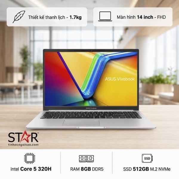  Laptop ASUS Vivobook 15 X1504MA-BQ632W | Core 5-320, 8GB DDR5, SSD 512GB NVMe, 15.6" Full HD, Windows 11 Home, Bạc 