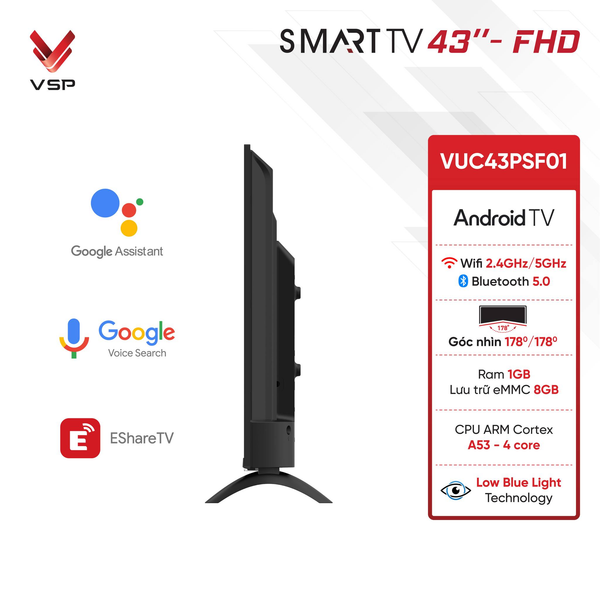  Smart Tivi Vsp VUC43PSF01 | 43" AndroidTV FHD HDR Dolby Audio Low Blue Light Remote HDMI Wifi LAN Bluetooth USB 