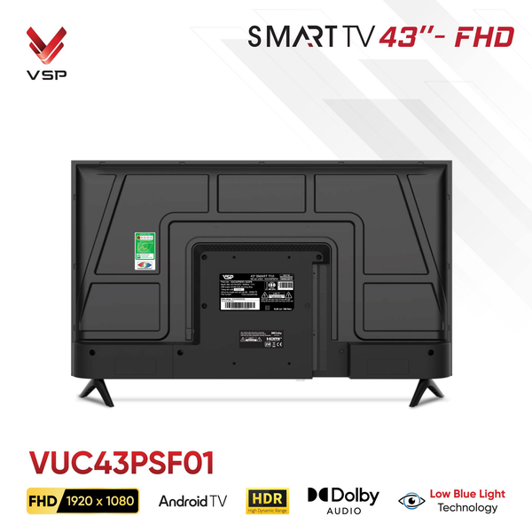 Smart Tivi Vsp VUC43PSF01 | 43" AndroidTV FHD HDR Dolby Audio Low Blue Light Remote HDMI Wifi LAN Bluetooth USB 