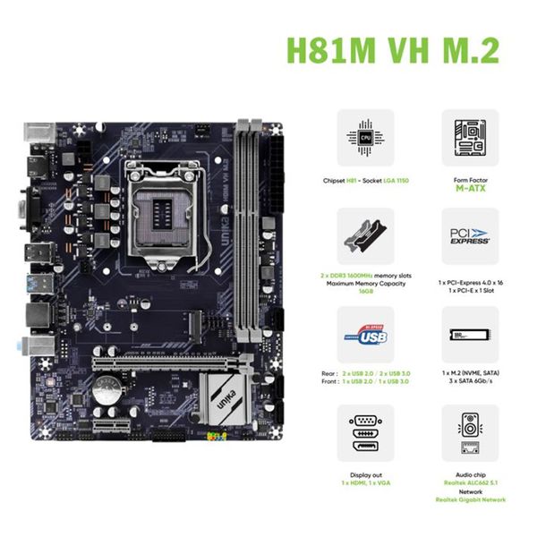  Mainboard Unika H81M.VH/M2 V1 DDR3 | LGA 1150, mATX, 2 khe RAM 