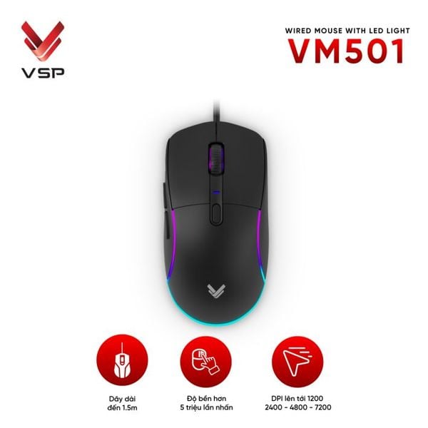  Chuột gaming VSP VM501 | Có dây, 7200 DPI, 115g, RGB, Đen 