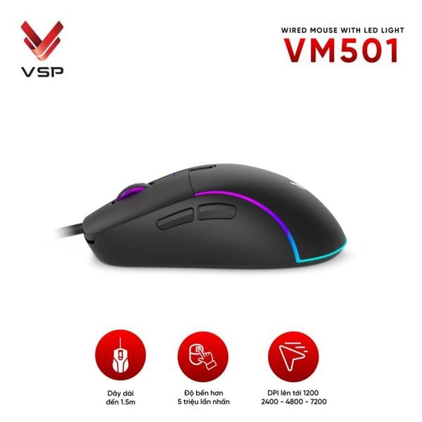  Chuột gaming VSP VM501 | Có dây, 7200 DPI, 115g, RGB, Đen 