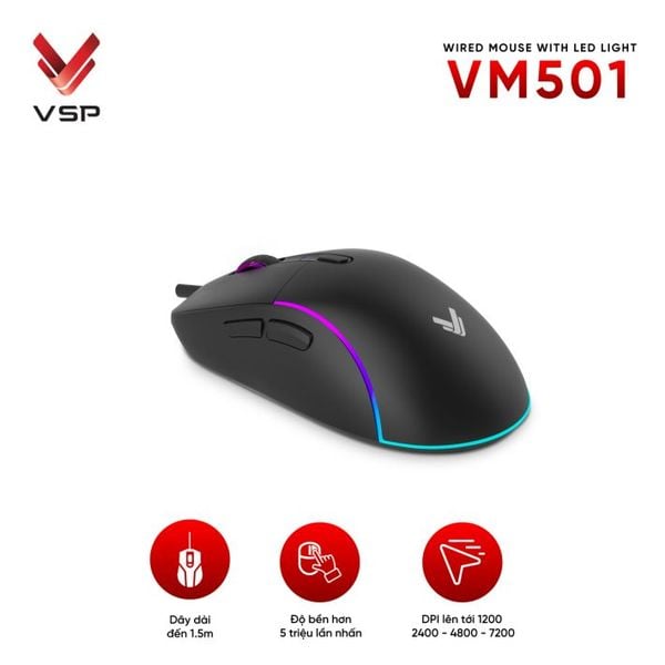 Chuột gaming VSP VM501 | Có dây, 7200 DPI, 115g, RGB, Đen 