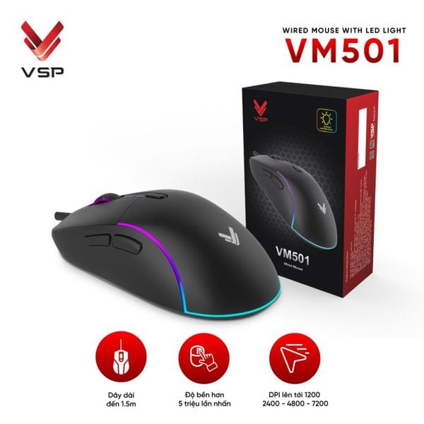  Chuột gaming VSP VM501 | Có dây, 7200 DPI, 115g, RGB, Đen 