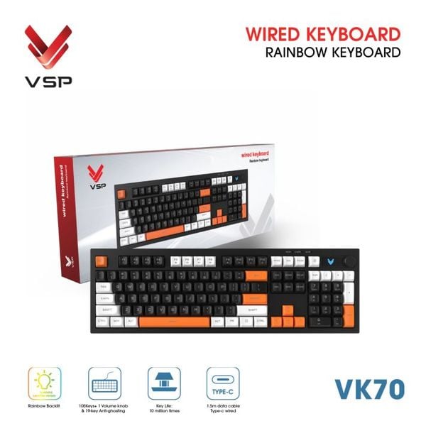  Bàn Phím Giả Cơ Có Dây VSP VK70 | Black-White-Orange (KM04-VK70000164) 
