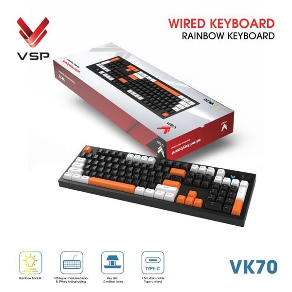  Bàn Phím Giả Cơ Có Dây VSP VK70 | Black-White-Orange (KM04-VK70000164) 