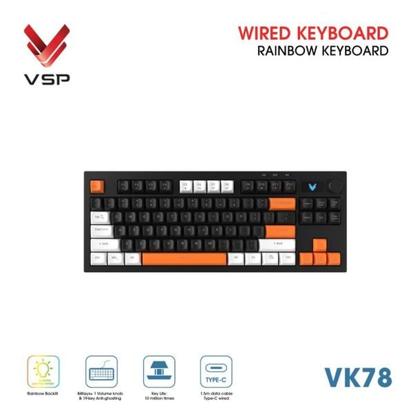  Bàn Phím Giả Cơ Có Dây VSP VK78 | Black-White-Orange (KM04-VK78000164) 