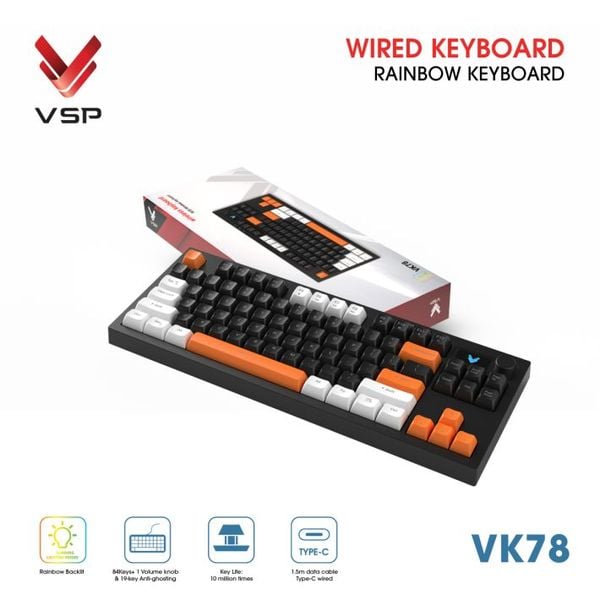  Bàn Phím Giả Cơ Có Dây VSP VK78 | Black-White-Orange (KM04-VK78000164) 