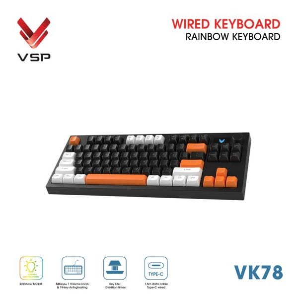  Bàn Phím Giả Cơ Có Dây VSP VK78 | Black-White-Orange (KM04-VK78000164) 