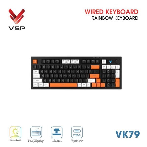  Bàn Phím Giả Cơ Có Dây VSP VK79 | Black-White-Orange (KM04-VK79000164) 