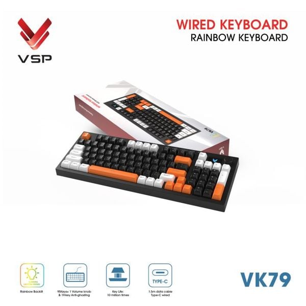  Bàn Phím Giả Cơ Có Dây VSP VK79 | Black-White-Orange (KM04-VK79000164) 