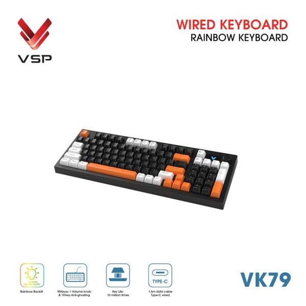  Bàn Phím Giả Cơ Có Dây VSP VK79 | Black-White-Orange (KM04-VK79000164) 