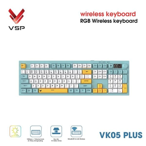  Bàn Phím Giả Cơ Không Dây VSP VK05 Plus| 3 Mode, Min-White-Yellow (KM04-VK05PL0164) 