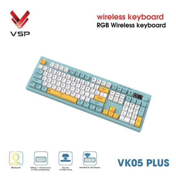  Bàn Phím Giả Cơ Không Dây VSP VK05 Plus| 3 Mode, Min-White-Yellow (KM04-VK05PL0164) 