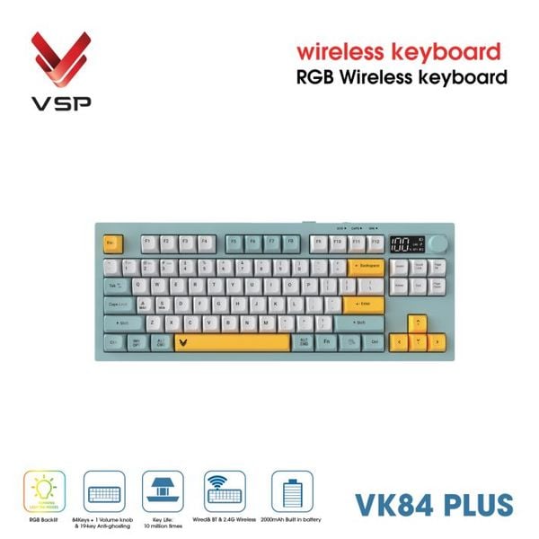  Bàn Phím Giả Cơ Không Dây VSP VK84 Plus| 3 Mode, Min-White-Yellow (KM04-VK84PL0164) 