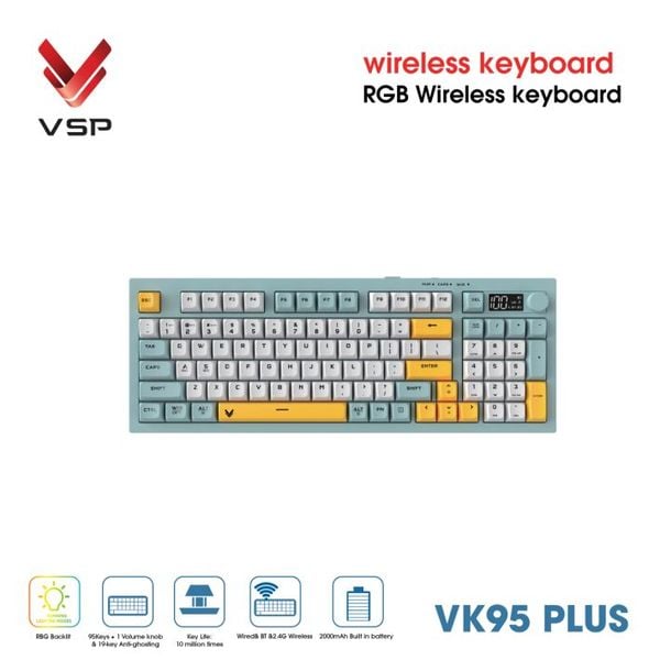  Bàn Phím Giả Cơ Không Dây VSP VK95 Plus | 3 Mode, Min-White-Yellow (KM04-VK95PL0164) 