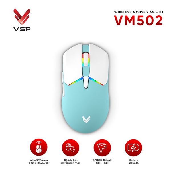  Chuột gaming VSP VM502 Mini | Wireless + Bluetooth, 10000 DPI, 62g, RGB, Trắng 