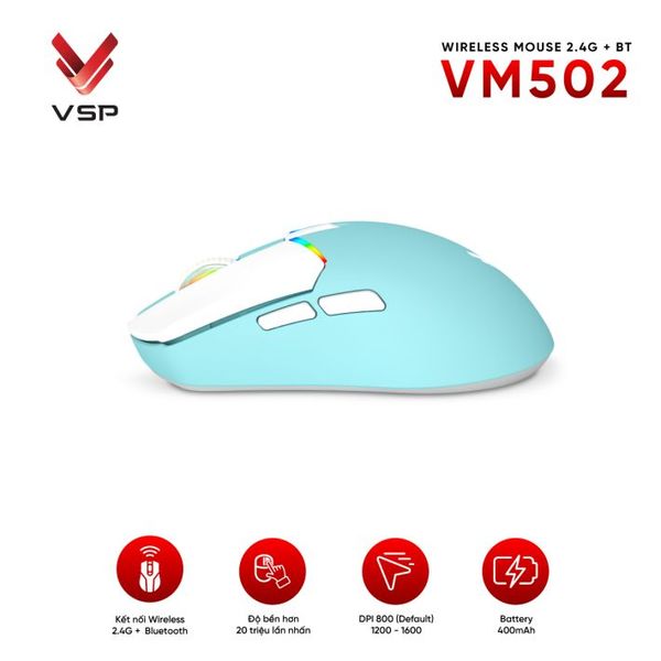  Chuột gaming VSP VM502 Mini | Wireless + Bluetooth, 10000 DPI, 62g, RGB, Trắng 