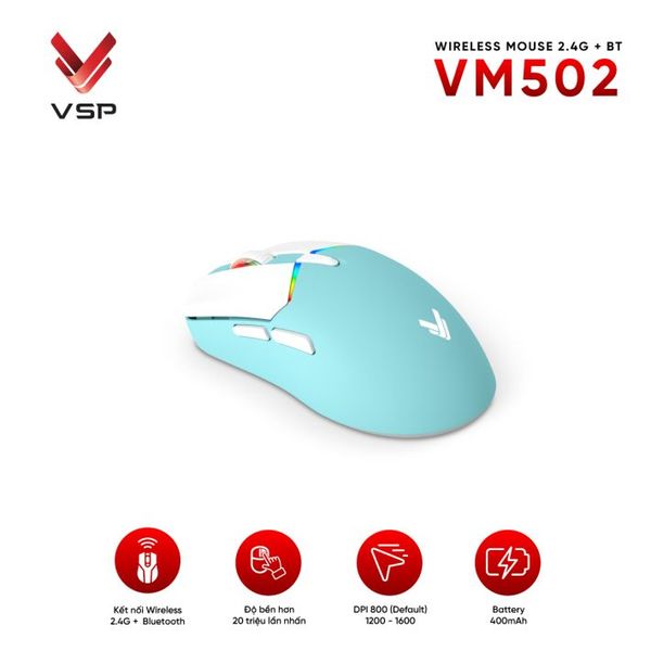  Chuột gaming VSP VM502 Mini | Wireless + Bluetooth, 10000 DPI, 62g, RGB, Trắng 