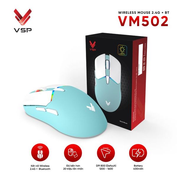  Chuột gaming VSP VM502 Mini | Wireless + Bluetooth, 10000 DPI, 62g, RGB, Trắng 