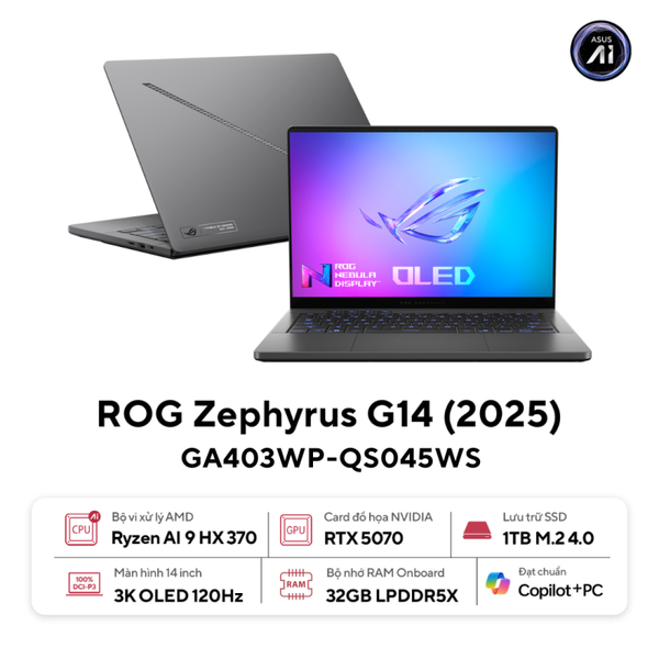  Laptop Gaming AI ASUS Asus ROG Zephyrus G14 | R9 Ai HX 370, 32GB, SSD 1TB, RTX 5070, 14" 3K 120Hz (GA403WP-QS045WS) 