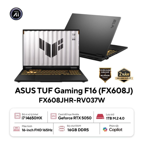  Laptop Gaming ASUS TUF F16 FX608JHR-RV037W | i7-14650HX, 16GB DDR5, SSD 1TB NVMe, RTX 5050 8GB, 16" WUXGA IPS 165Hz, Win 11 Home, Xám 