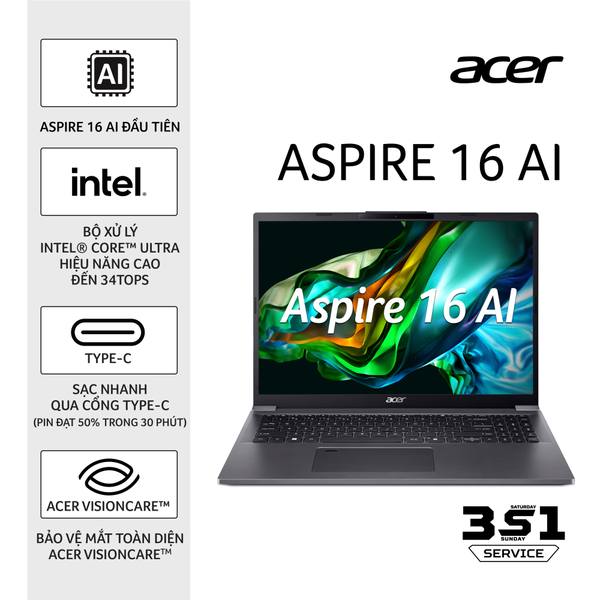  Laptop Văn phòng AI ACER Aspire 16 A16-71M-59L5 | U5 125H, 16GB, SSD 512GB, 16" FHD+ (NX.J4YSV.001) 