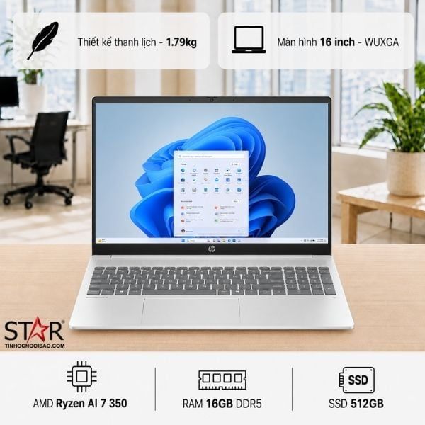  Laptop văn phòng HP OMNIBOOK 5 16-AG1067AU (BZ7U5PA) | Ryzen AI 7 350, 16GB LPDDR5x, SSD 512GB NVMe, 16" WUXGA IPS, AMD Graphics, Bạc 