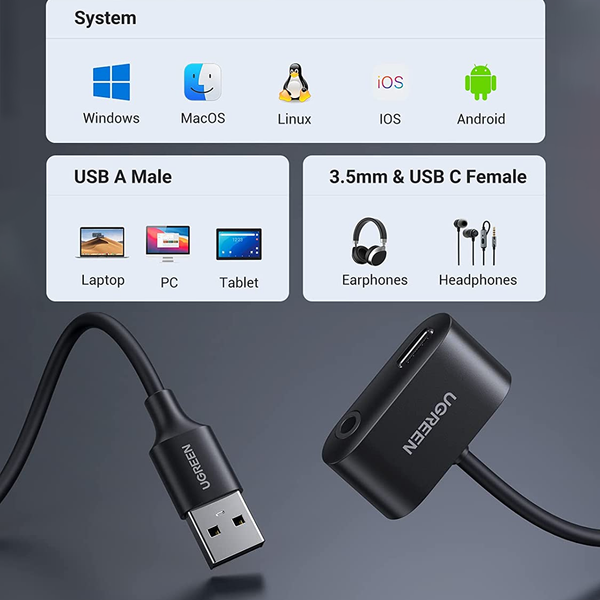  Cáp chuyển USB sang 3.5mm và USB Type-C Ugreen 80897 | USB 2.0, DAC, Hỗ trợ Mic, Điều khiển âm lượng 