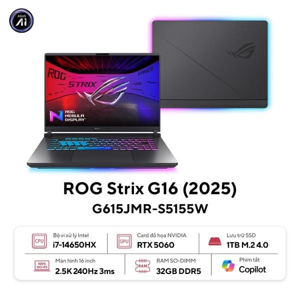  Laptop Gaming AI ASUS Asus ROG Strix G16 | i7 14650HX, 32GB, SSD 1TB, RTX 5060, 16" 2.5K 240Hz (G615JMR-S5155W) 