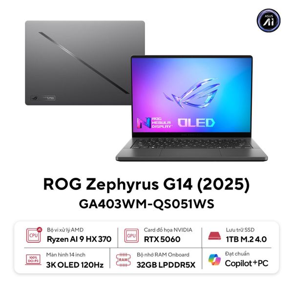  Laptop Gaming AI ASUS ROG Zephyrus G14 GA403WM-QS051WS | R9 Ai HX 370, 32GB, SSD 1TB, RTX 5060, 14" 3K 120Hz 