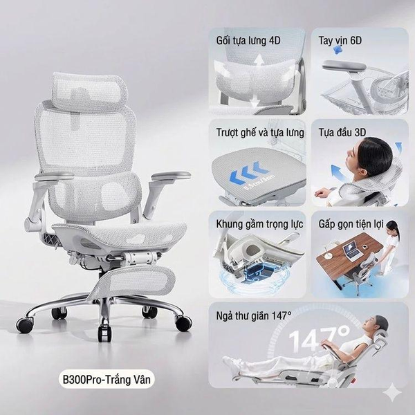  Ghế gaming Sihoo B300 Pro Trắng xám | Có kê chân, Công thái học 
