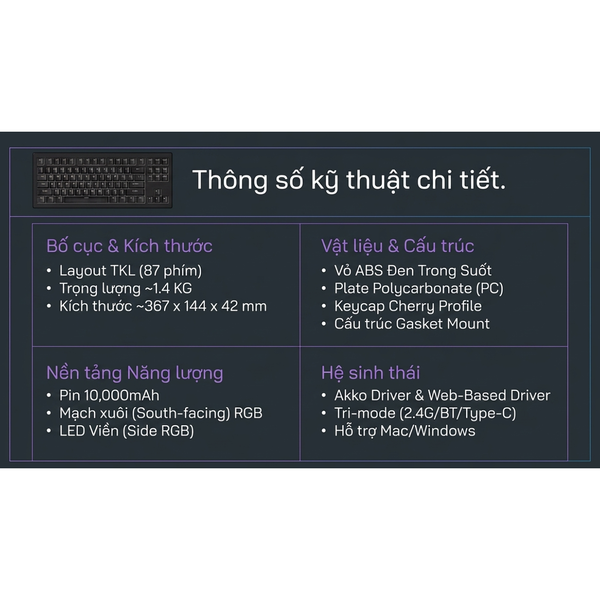  Bàn Phím Cơ Gaming Không Dây AKKO 5087 V3 Black Transparent | Akko Piano Pro, 3 Mode, RGB, Hot Swap 