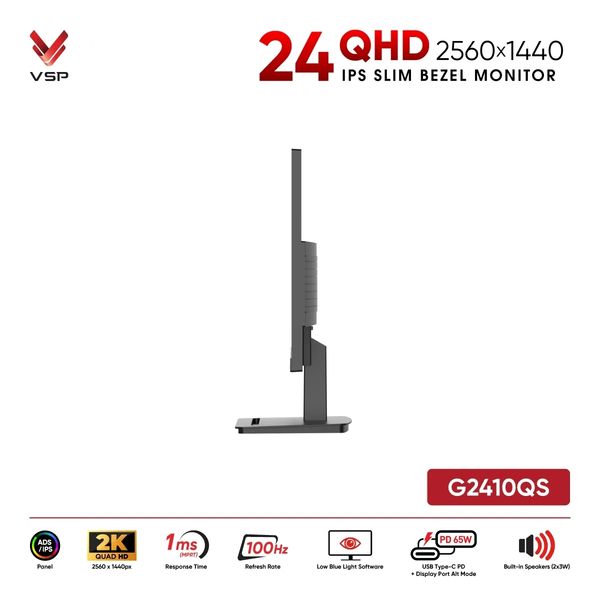  Màn hình Văn phòng 2K VSP G2410QS | 24 inch, QHD, IPS, 100Hz, USB Type-C PD 65W, Loa kép 