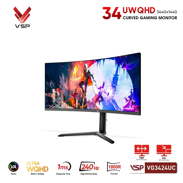  Màn hình Gaming 2K VSP VG3424UC | 34 inch, UWQHD, VA, 240Hz, 1ms, Cong 1800R, Chân CTH 